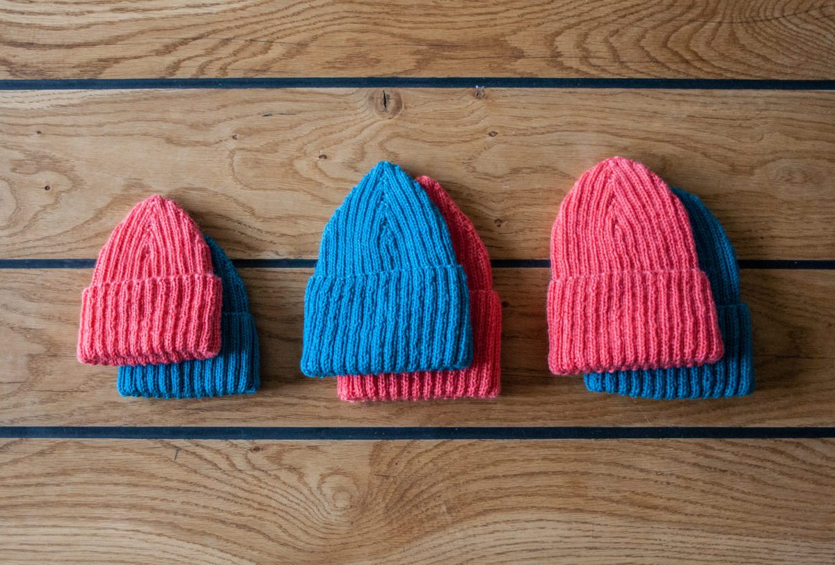 Coral and Turquoise knit caps