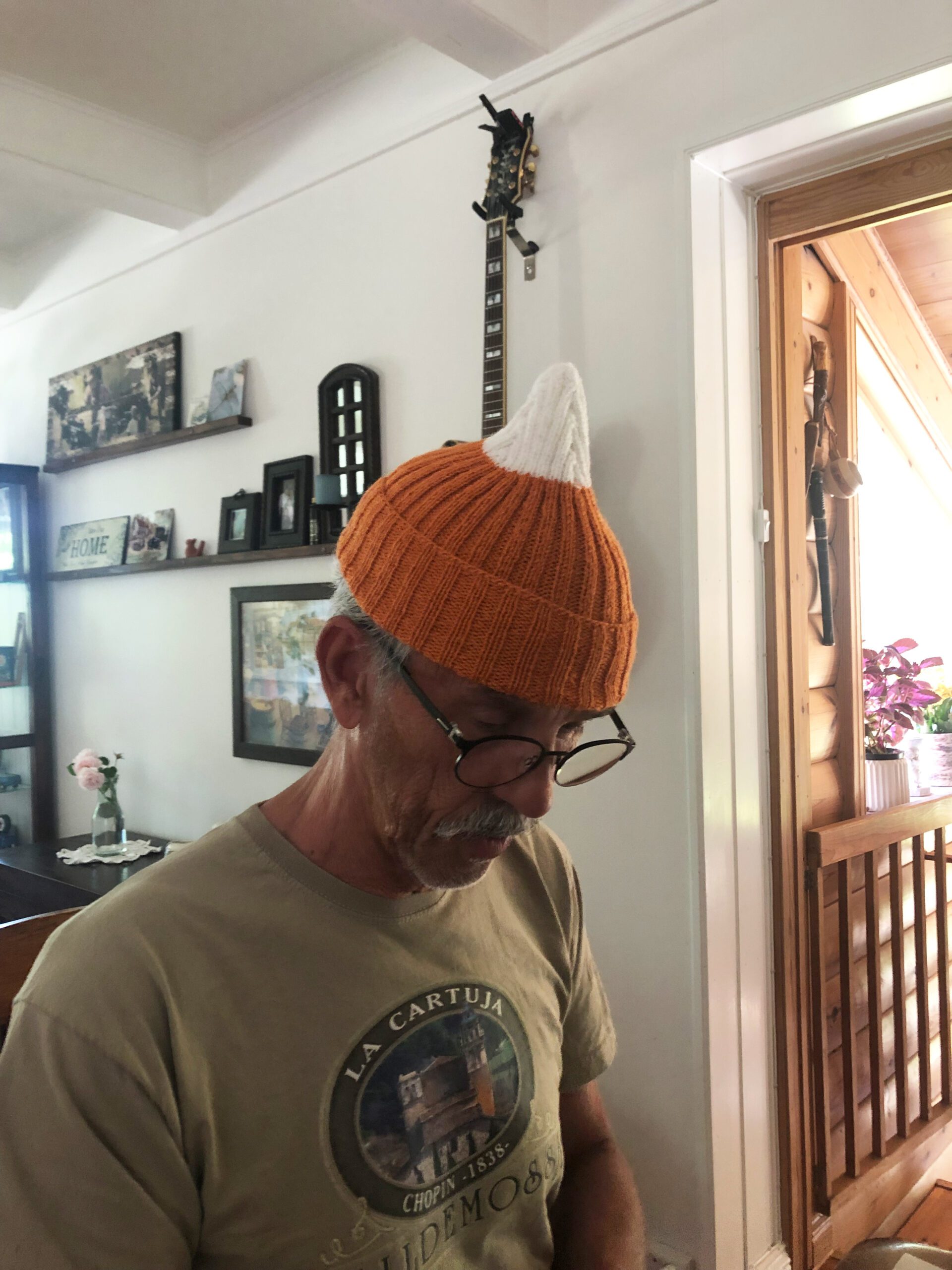 The foxtail beanie from the side.